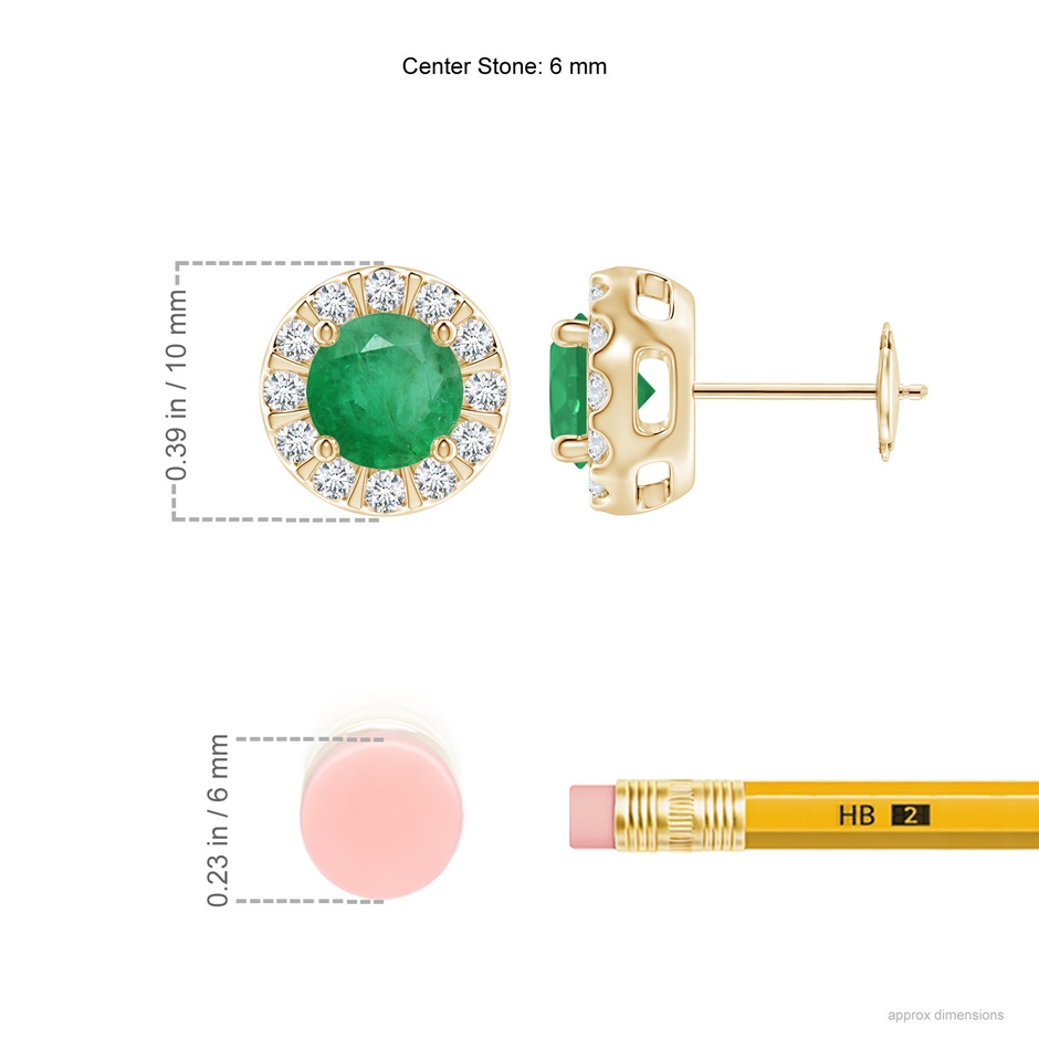 6mm A Emerald Stud Earrings with Bar-Set Diamond Halo in Yellow Gold ruler
