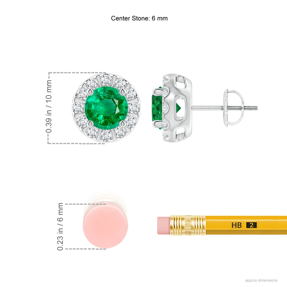6mm AAA Emerald Stud Earrings with Bar-Set Diamond Halo in P950 Platinum ruler