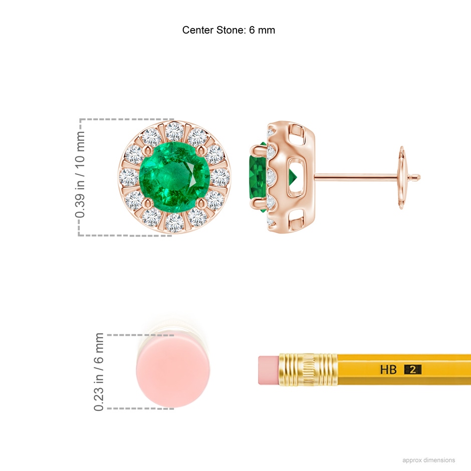 6mm AAA Emerald Stud Earrings with Bar-Set Diamond Halo in Rose Gold ruler