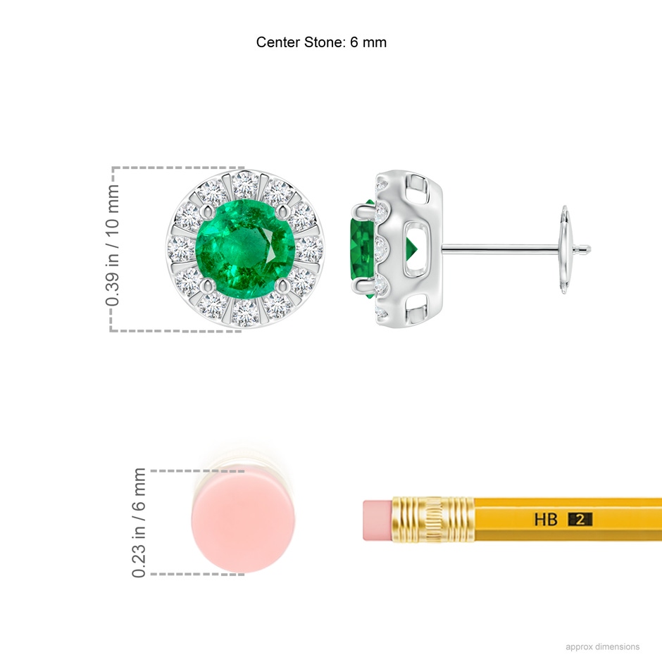 6mm AAA Emerald Stud Earrings with Bar-Set Diamond Halo in White Gold ruler
