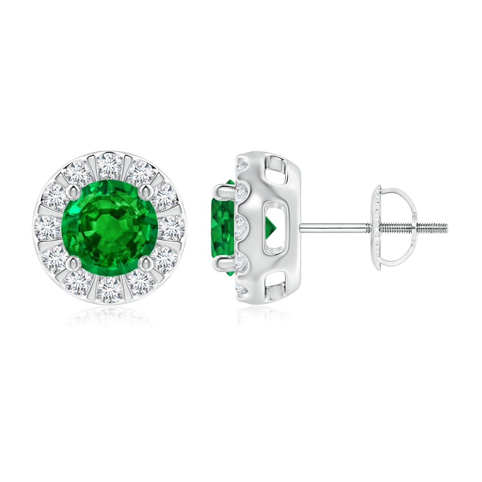 6mm AAAA Emerald Stud Earrings with Bar-Set Diamond Halo in P950 Platinum 