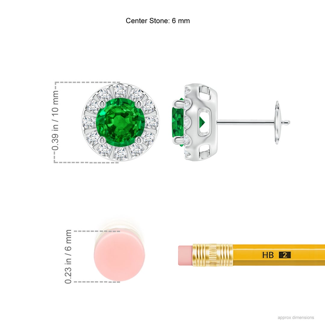6mm AAAA Emerald Stud Earrings with Bar-Set Diamond Halo in White Gold - ruler