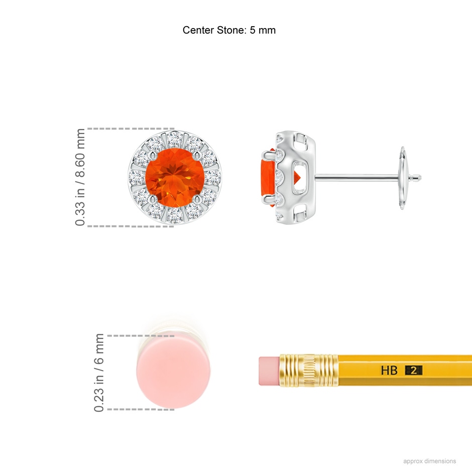 5mm AAA Fire Opal Stud Earrings with Bar-Set Diamond Halo in White Gold ruler