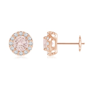 5mm A Morganite Stud Earrings with Bar-Set Diamond Halo in Rose Gold