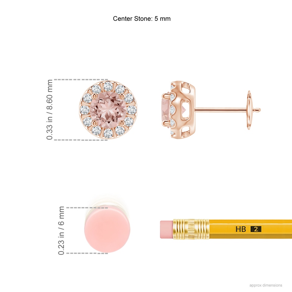 5mm AAAA Morganite Stud Earrings with Bar-Set Diamond Halo in Rose Gold ruler