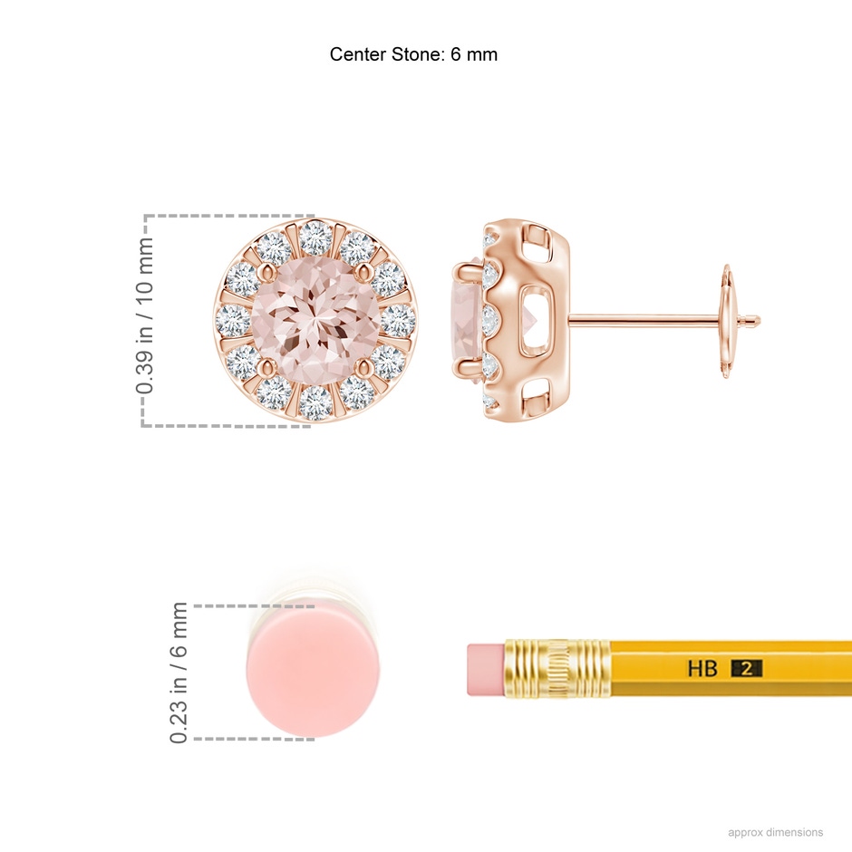 6mm AA Morganite Stud Earrings with Bar-Set Diamond Halo in Rose Gold ruler