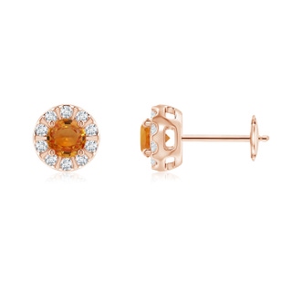 4mm AAA Orange Sapphire Stud Earrings with Bar-Set Diamond Halo in 9K Rose Gold