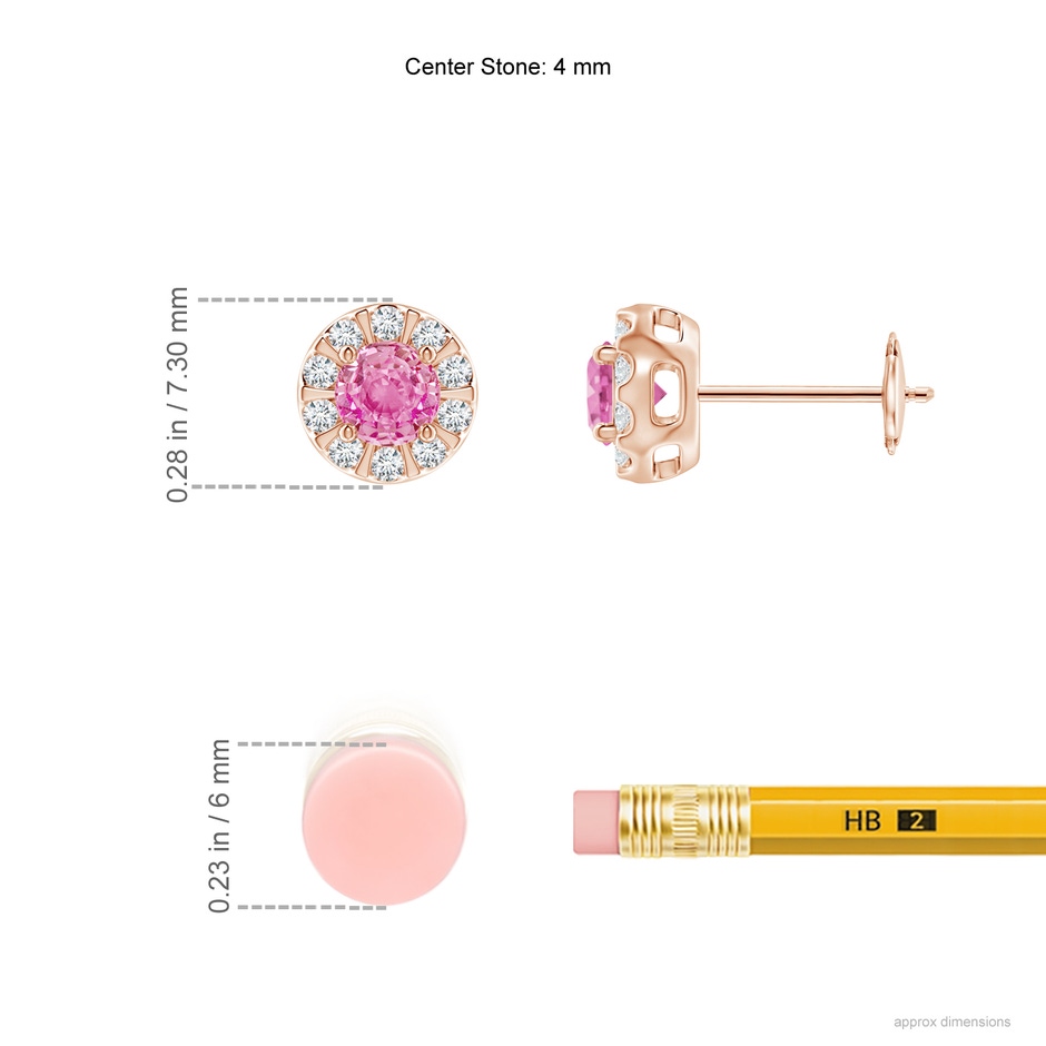 4mm AA Pink Sapphire Stud Earrings with Bar-Set Diamond Halo in Rose Gold ruler