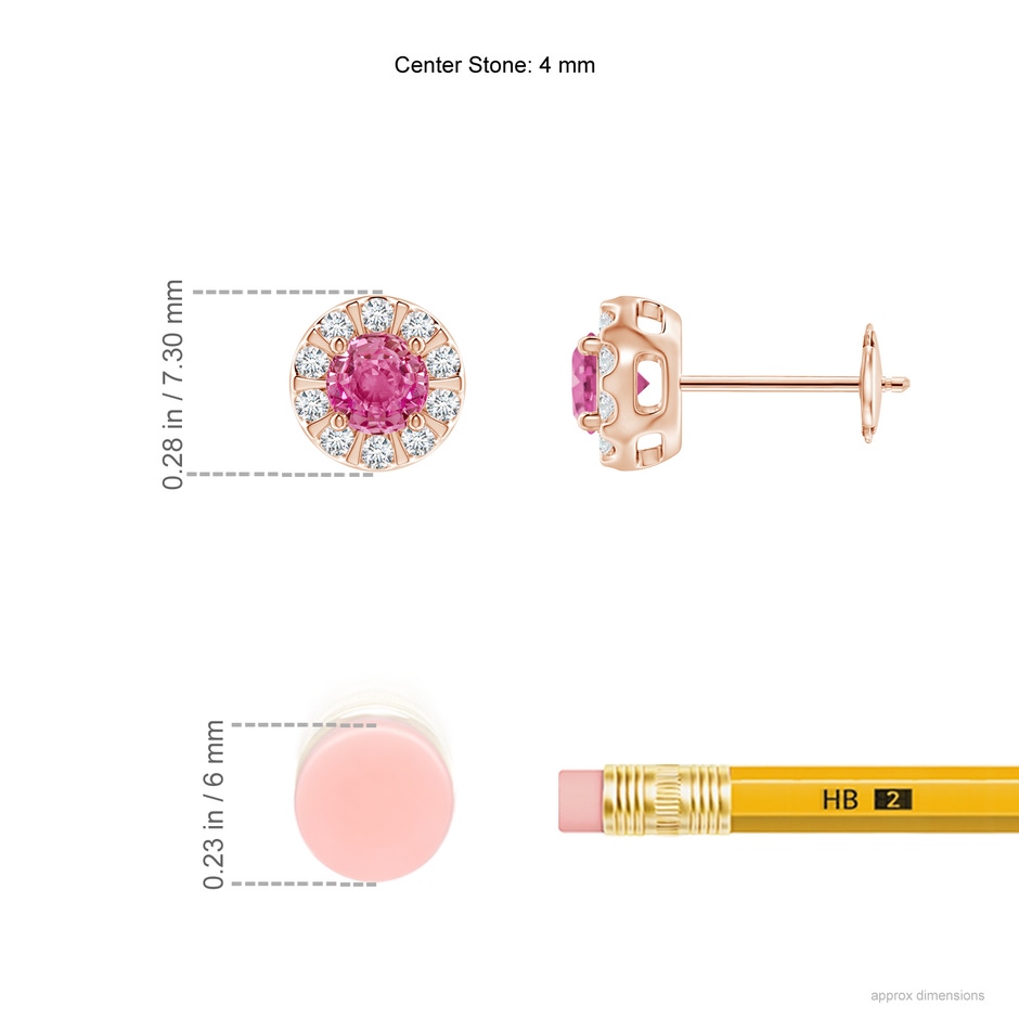 4mm AAA Pink Sapphire Stud Earrings with Bar-Set Diamond Halo in Rose Gold ruler