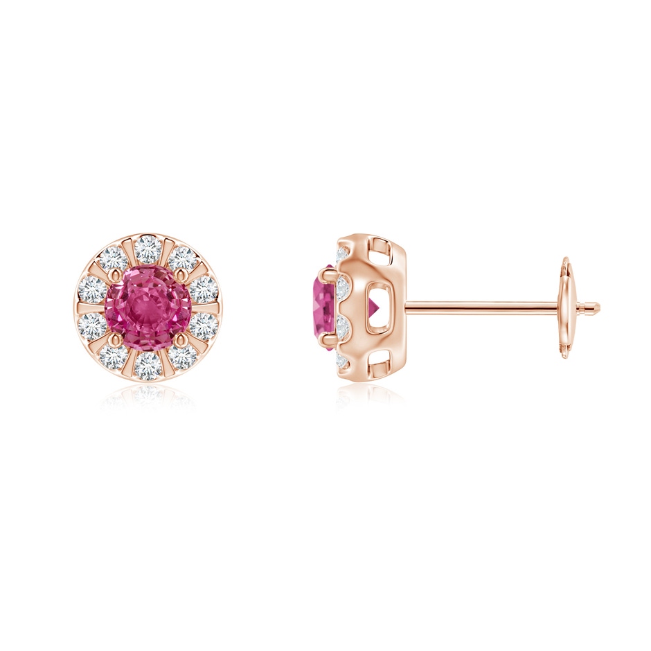 4mm AAAA Pink Sapphire Stud Earrings with Bar-Set Diamond Halo in Rose Gold 