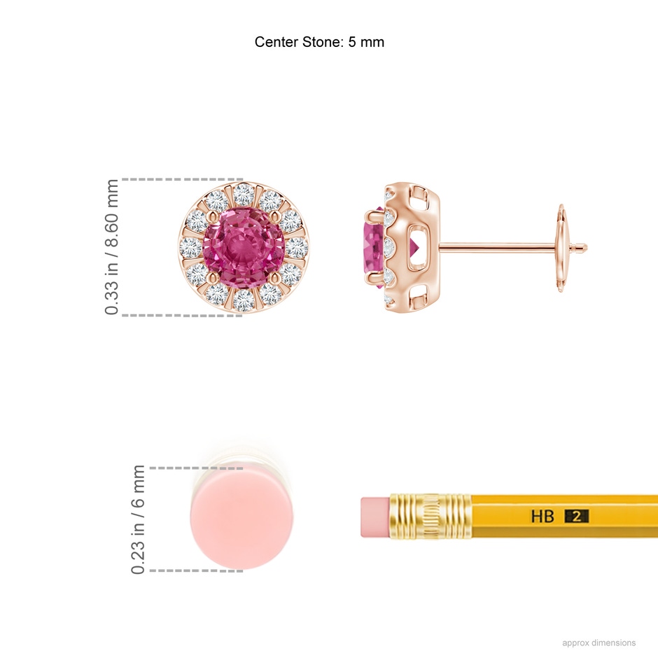 5mm AAAA Pink Sapphire Stud Earrings with Bar-Set Diamond Halo in Rose Gold ruler