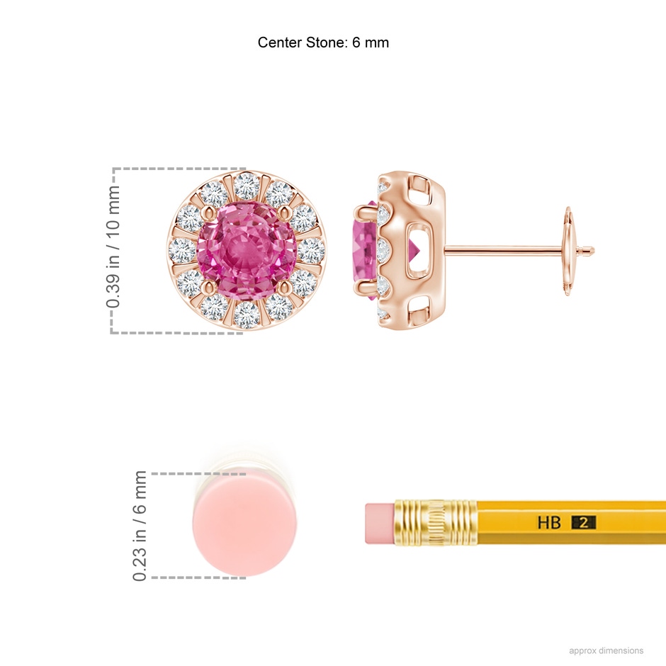 6mm AAA Pink Sapphire Stud Earrings with Bar-Set Diamond Halo in Rose Gold ruler
