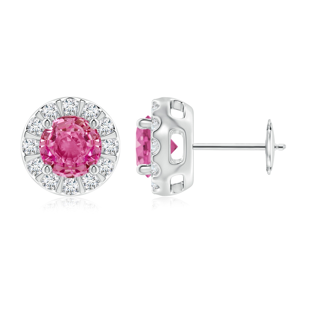 6mm AAA Pink Sapphire Stud Earrings with Bar-Set Diamond Halo in White Gold