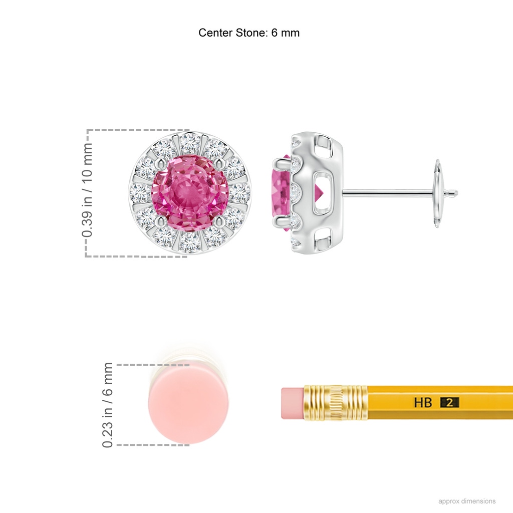 6mm AAA Pink Sapphire Stud Earrings with Bar-Set Diamond Halo in White Gold Ruler