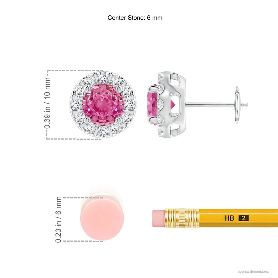 6mm AAA Pink Sapphire Stud Earrings with Bar-Set Diamond Halo in White Gold ruler