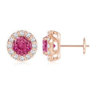 6mm AAAA Pink Sapphire Stud Earrings with Bar-Set Diamond Halo in Rose Gold