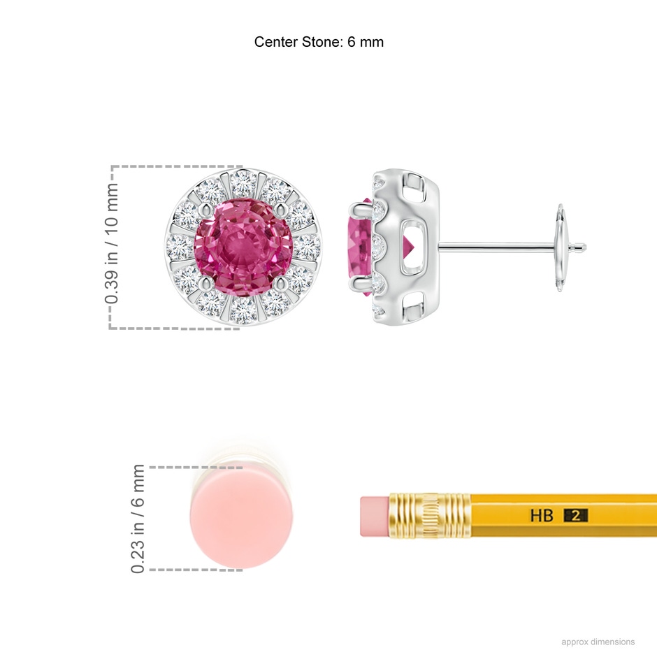 6mm AAAA Pink Sapphire Stud Earrings with Bar-Set Diamond Halo in White Gold ruler