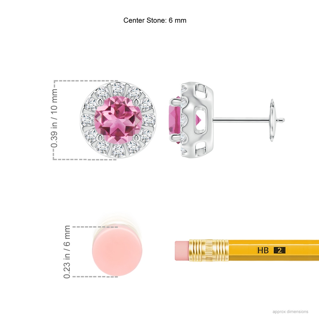 6mm AAA Pink Tourmaline Stud Earrings with Bar-Set Diamond Halo in White Gold Ruler