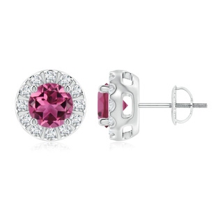 6mm AAAA Pink Tourmaline Stud Earrings with Bar-Set Diamond Halo in P950 Platinum