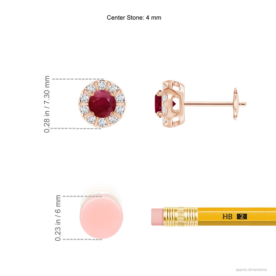 4mm A Ruby Stud Earrings with Bar-Set Diamond Halo in 9K Rose Gold ruler