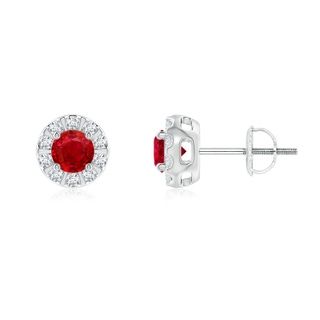 4mm AAA Ruby Stud Earrings with Bar-Set Diamond Halo in P950 Platinum