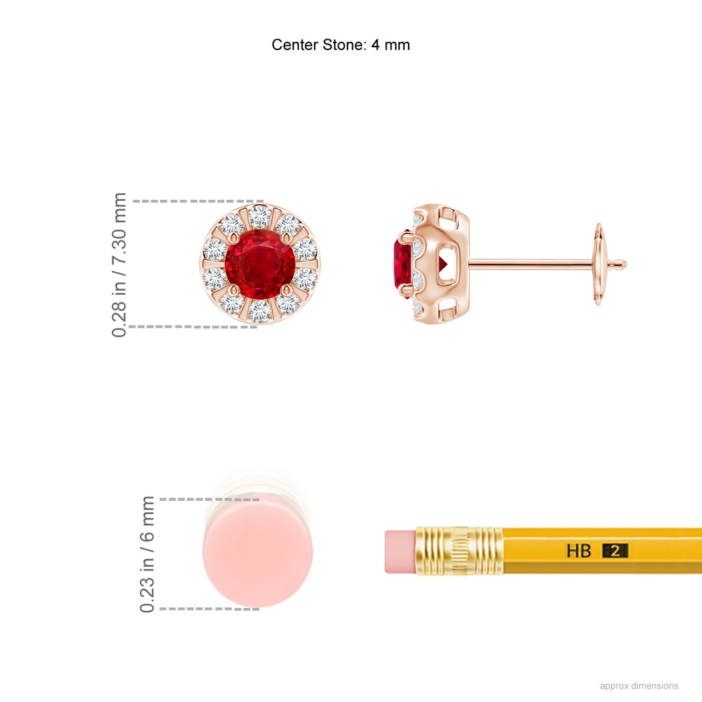 4mm AAA Ruby Stud Earrings with Bar-Set Diamond Halo in Rose Gold Ruler