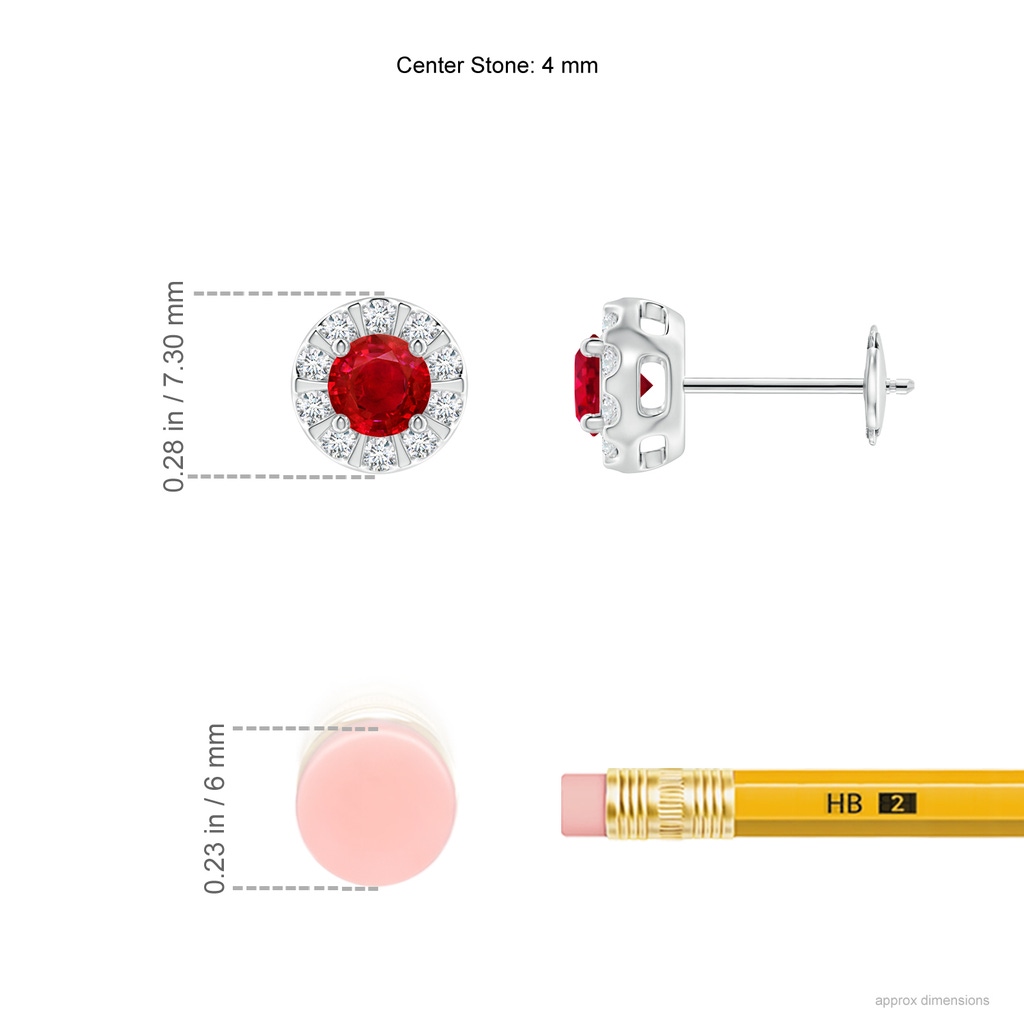 4mm AAA Ruby Stud Earrings with Bar-Set Diamond Halo in White Gold Ruler