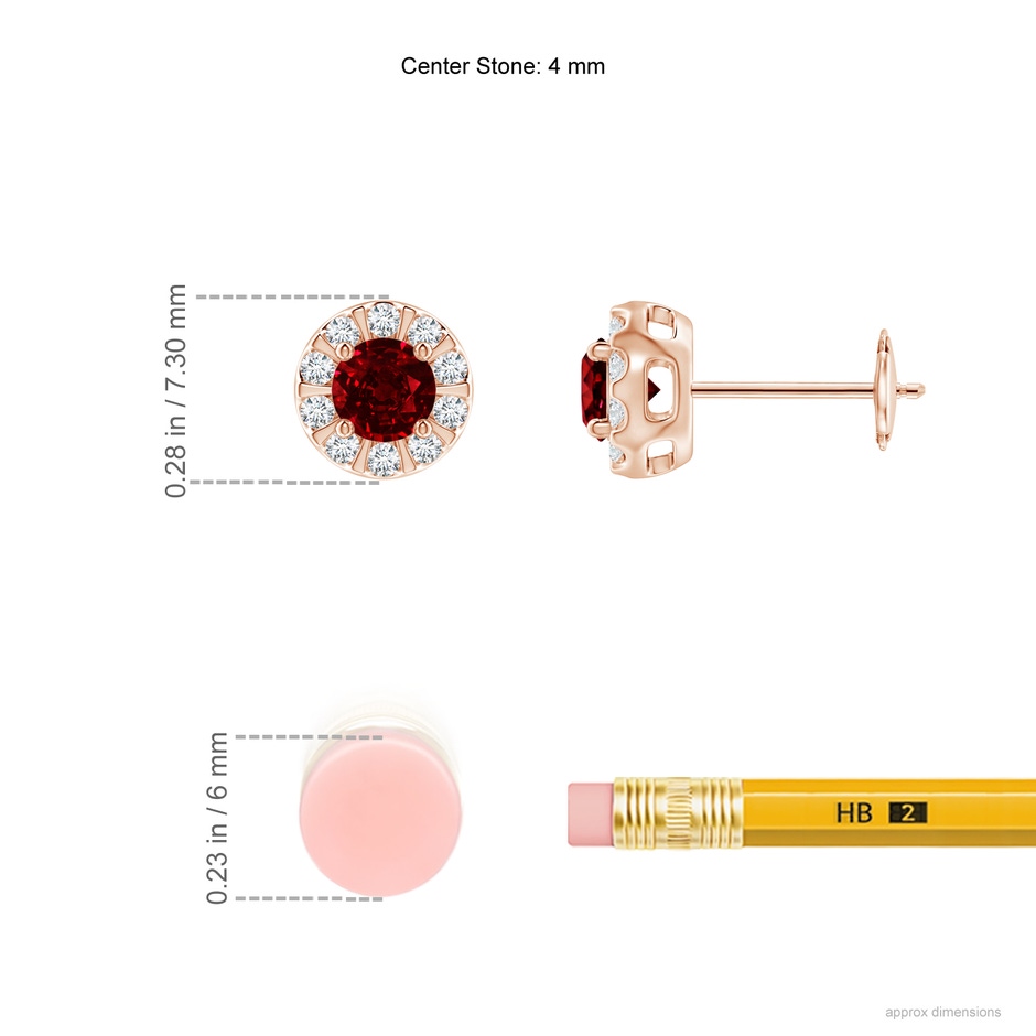 4mm AAAA Ruby Stud Earrings with Bar-Set Diamond Halo in Rose Gold ruler