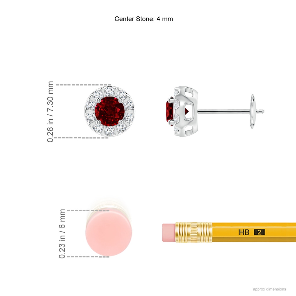 4mm AAAA Ruby Stud Earrings with Bar-Set Diamond Halo in White Gold Ruler