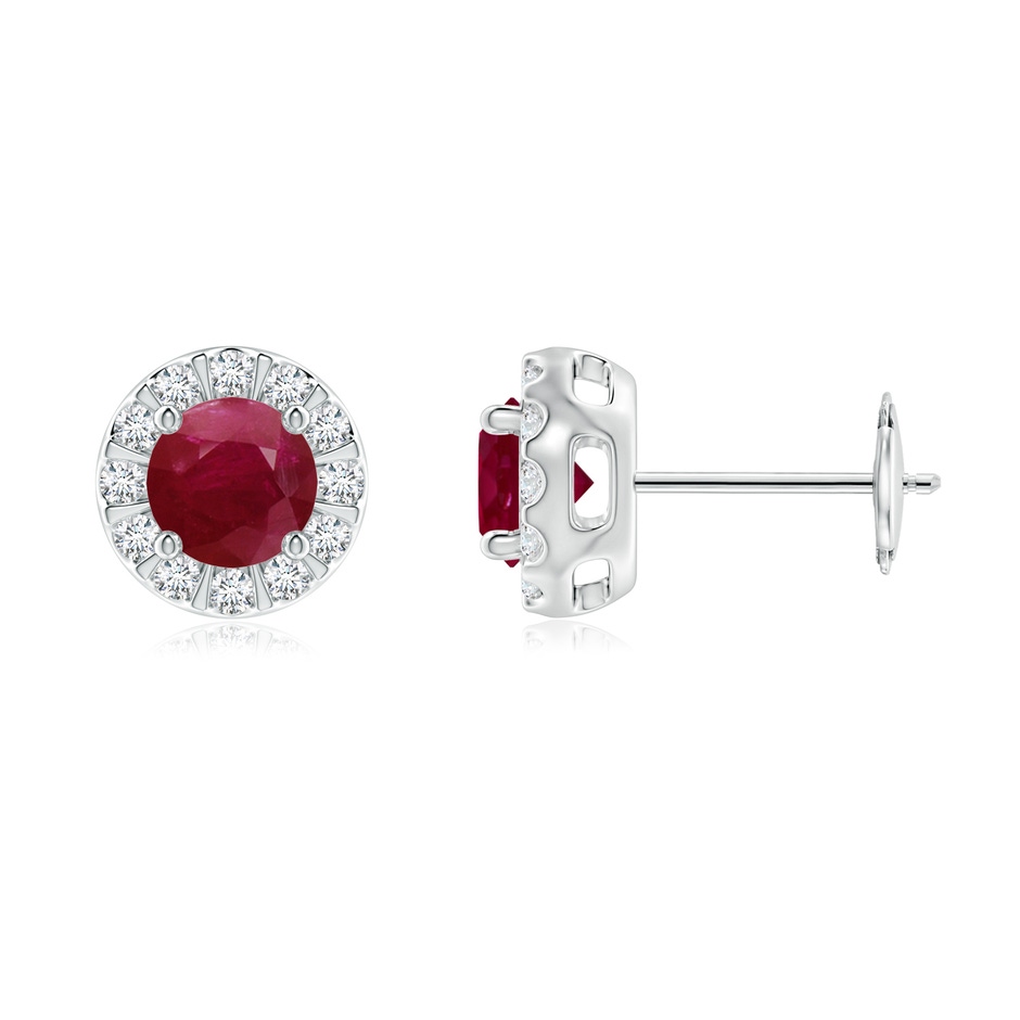 5mm A Ruby Stud Earrings with Bar-Set Diamond Halo in White Gold 