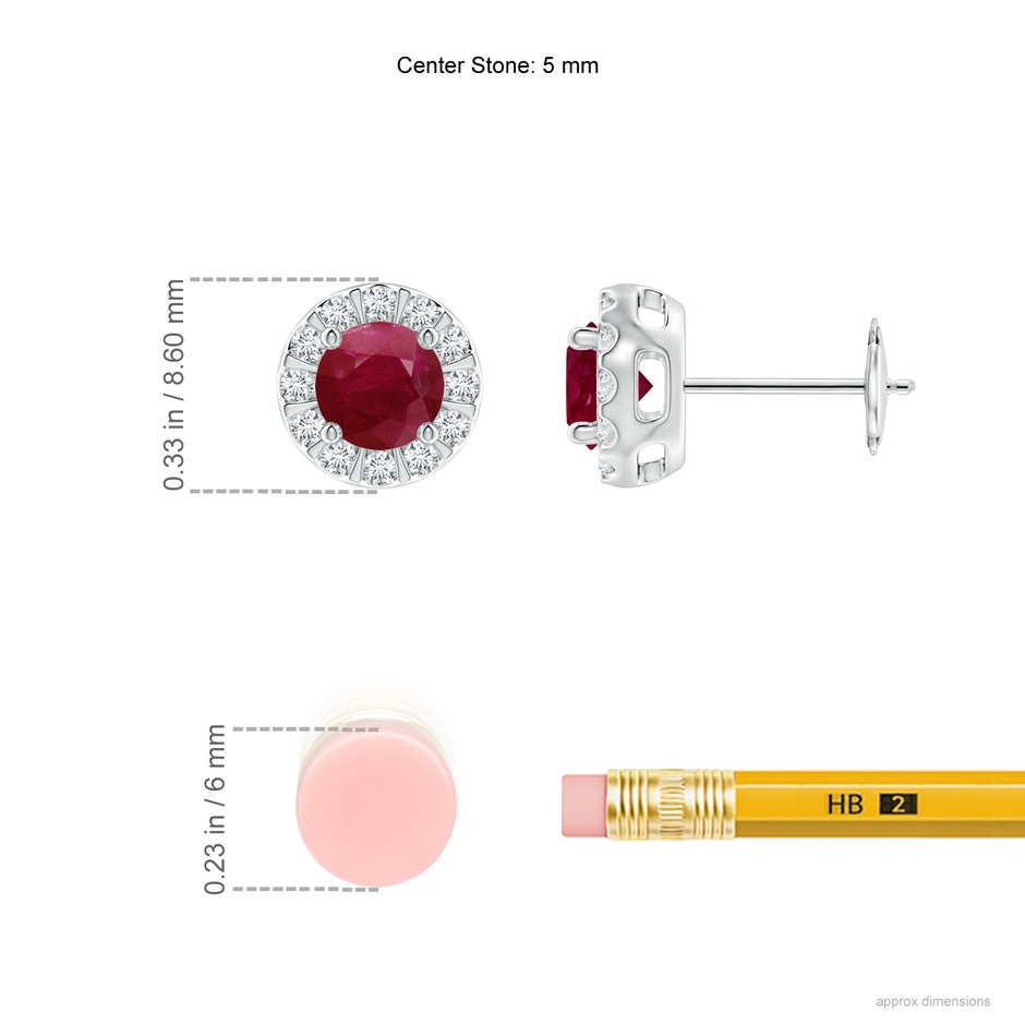 5mm A Ruby Stud Earrings with Bar-Set Diamond Halo in White Gold ruler