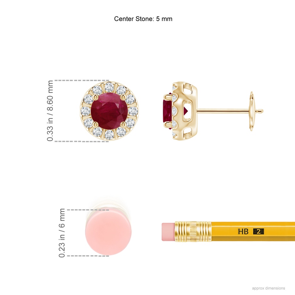 5mm A Ruby Stud Earrings with Bar-Set Diamond Halo in Yellow Gold ruler