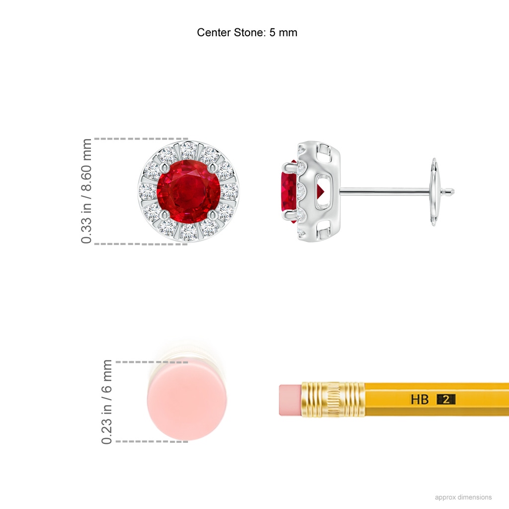 5mm AAA Ruby Stud Earrings with Bar-Set Diamond Halo in White Gold Ruler