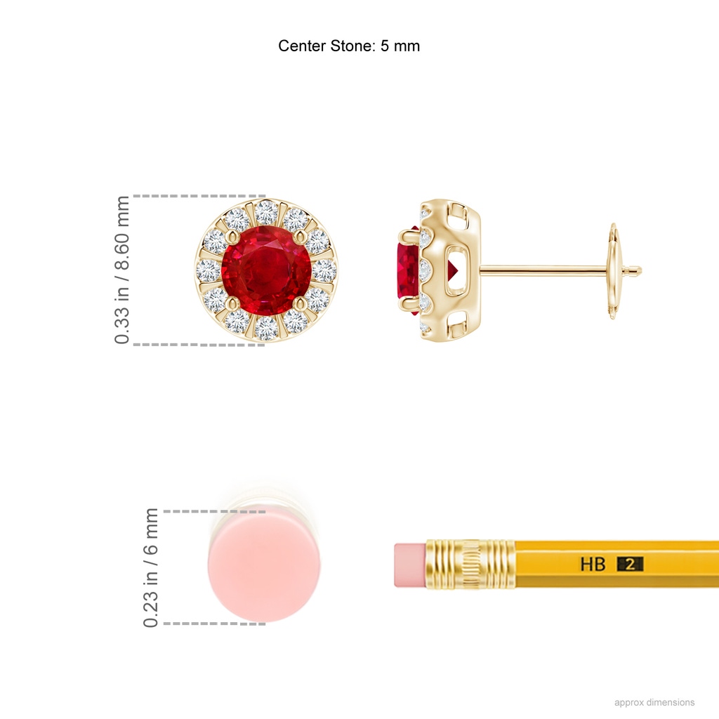 5mm AAA Ruby Stud Earrings with Bar-Set Diamond Halo in Yellow Gold Ruler