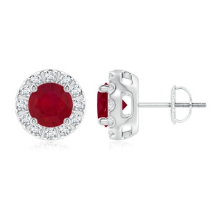 6mm AA Ruby Stud Earrings with Bar-Set Diamond Halo in P950 Platinum