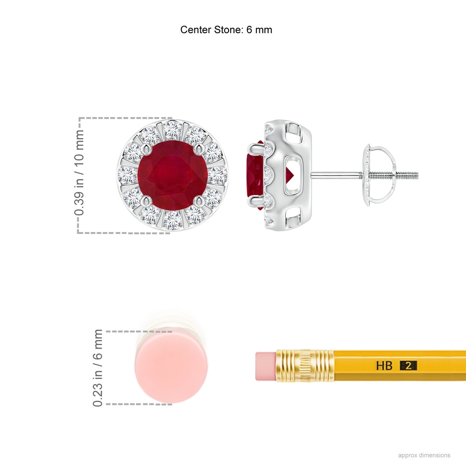 6mm AA Ruby Stud Earrings with Bar-Set Diamond Halo in P950 Platinum ruler