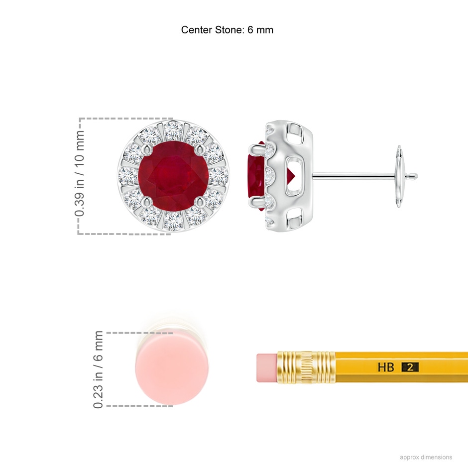6mm AA Ruby Stud Earrings with Bar-Set Diamond Halo in White Gold ruler