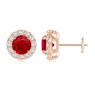 6mm AAA Ruby Stud Earrings with Bar-Set Diamond Halo in Rose Gold