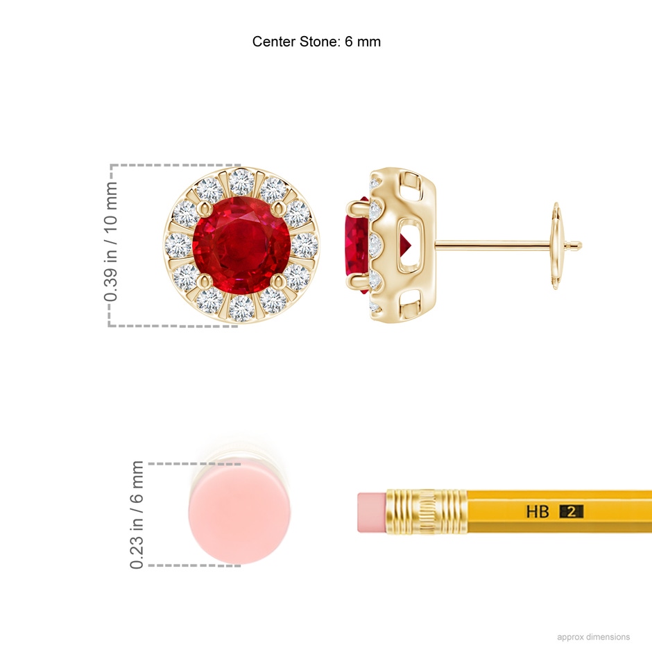 6mm AAA Ruby Stud Earrings with Bar-Set Diamond Halo in Yellow Gold ruler