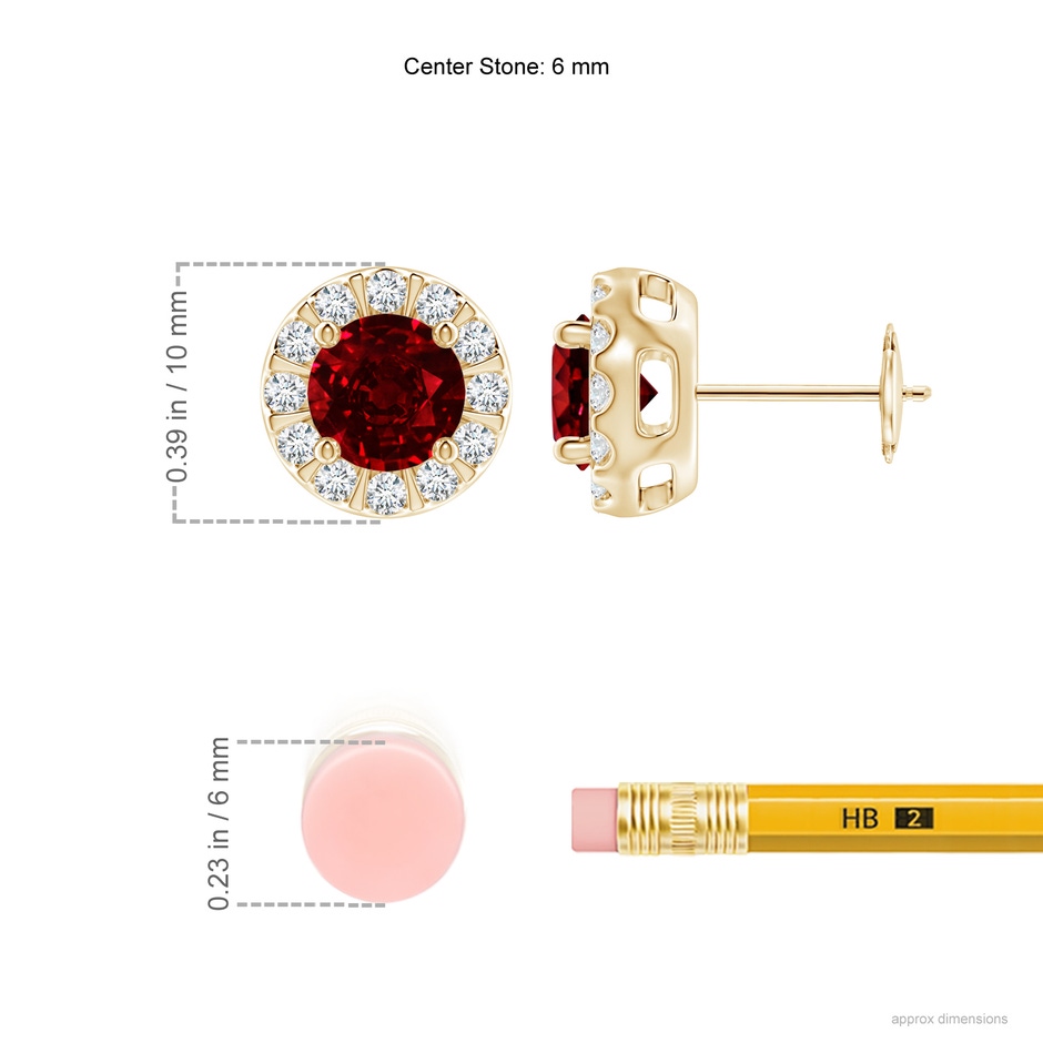 6mm Lab-Grown Ruby Stud Earrings with Bar-Set Diamond Halo in Yellow Gold ruler