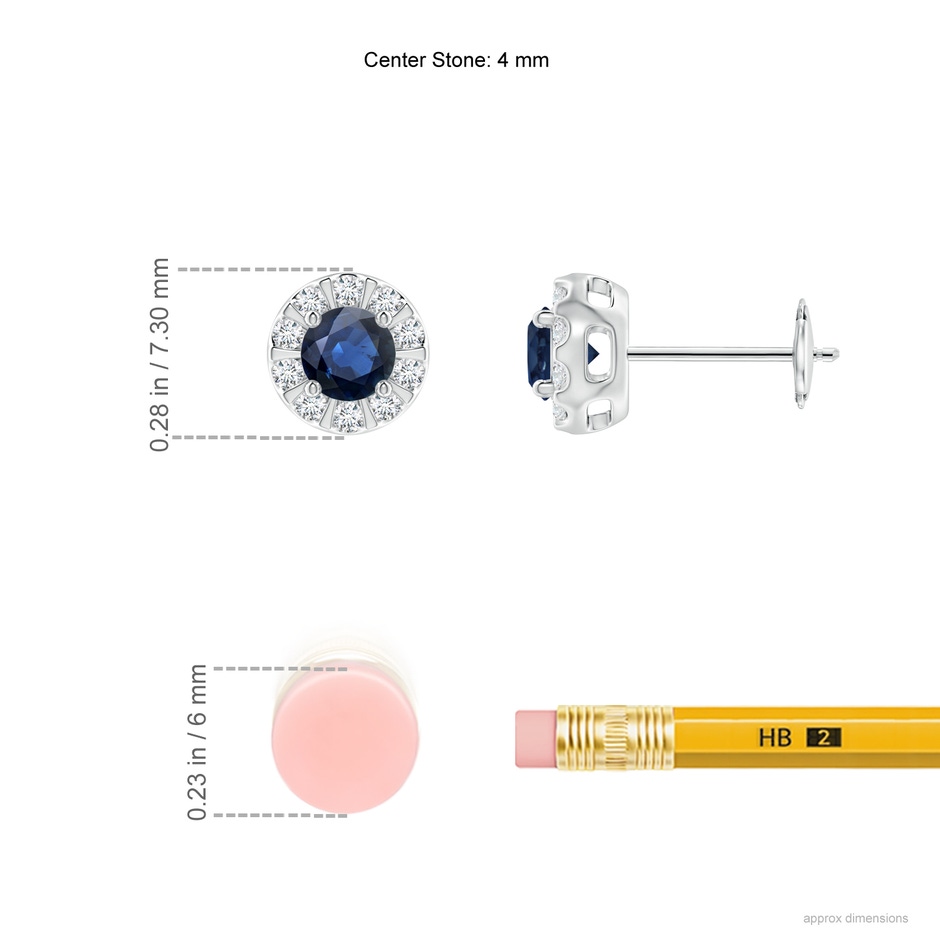 4mm AA Blue Sapphire Stud Earrings with Bar-Set Diamond Halo in White Gold ruler