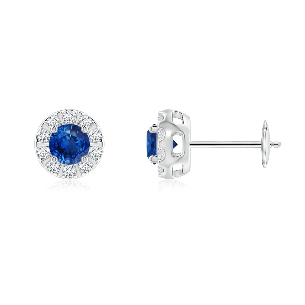 4mm AAA Blue Sapphire Stud Earrings with Bar-Set Diamond Halo in White Gold
