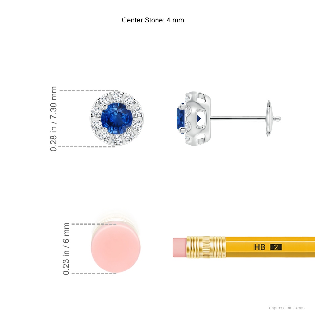 4mm AAA Blue Sapphire Stud Earrings with Bar-Set Diamond Halo in White Gold Ruler