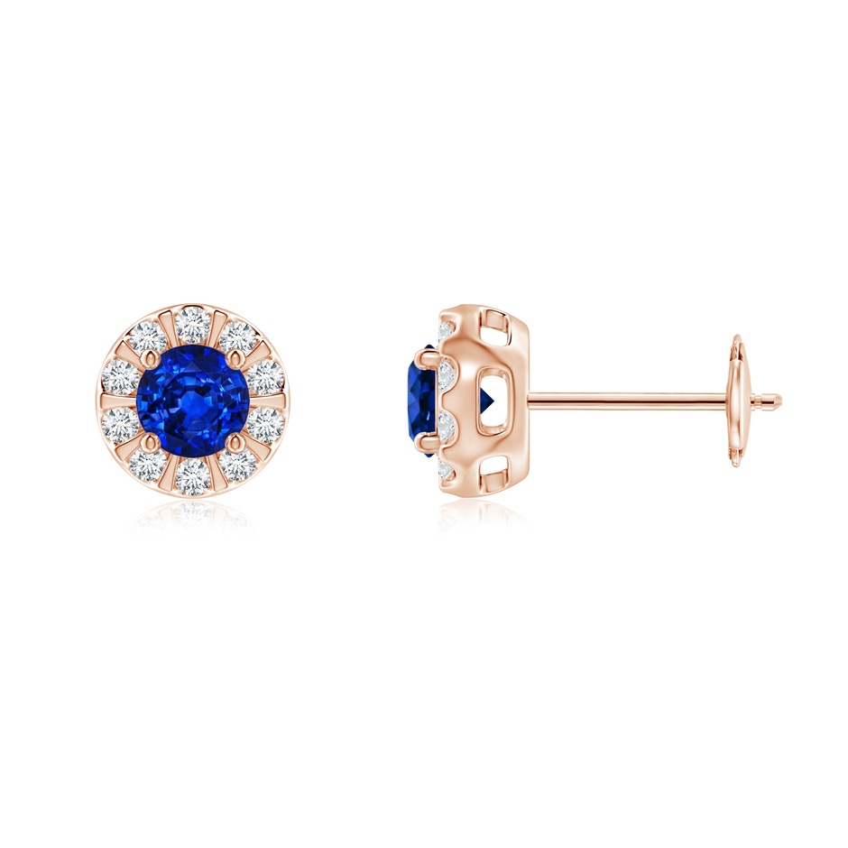 4mm AAAA Blue Sapphire Stud Earrings with Bar-Set Diamond Halo in Rose Gold 