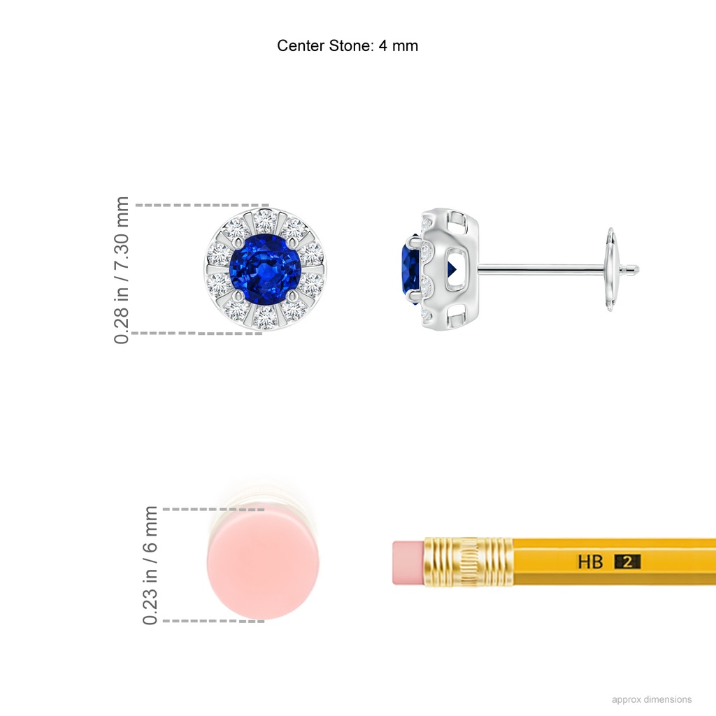 4mm AAAA Blue Sapphire Stud Earrings with Bar-Set Diamond Halo in White Gold Ruler