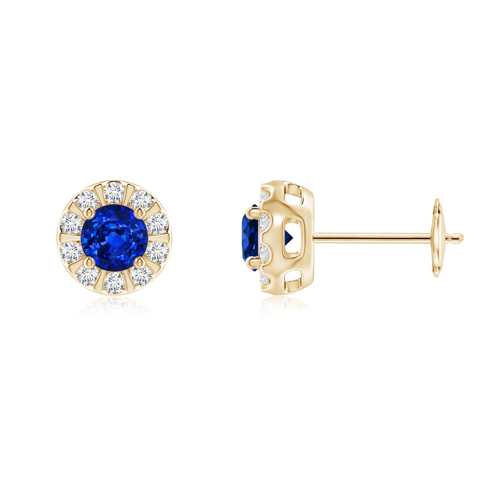 4mm AAAA Blue Sapphire Stud Earrings with Bar-Set Diamond Halo in Yellow Gold