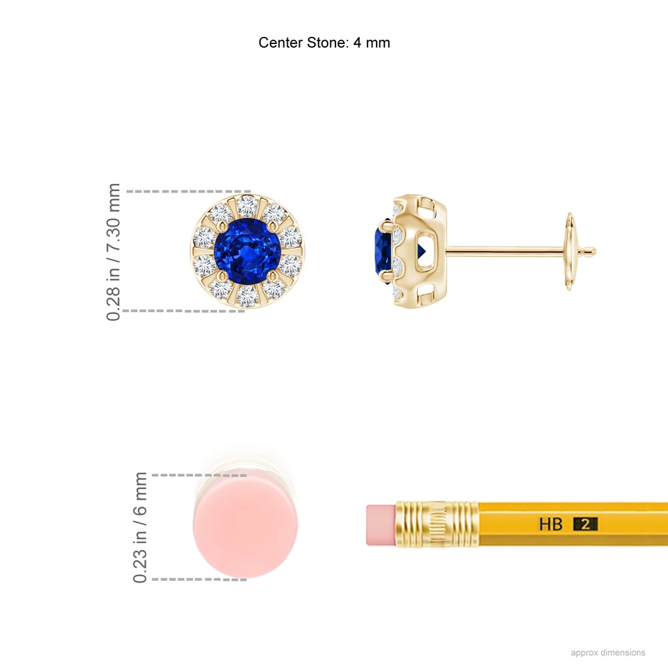 4mm AAAA Blue Sapphire Stud Earrings with Bar-Set Diamond Halo in Yellow Gold ruler