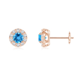 4mm AAA Swiss Blue Topaz Stud Earrings with Bar-Set Diamond Halo in Rose Gold