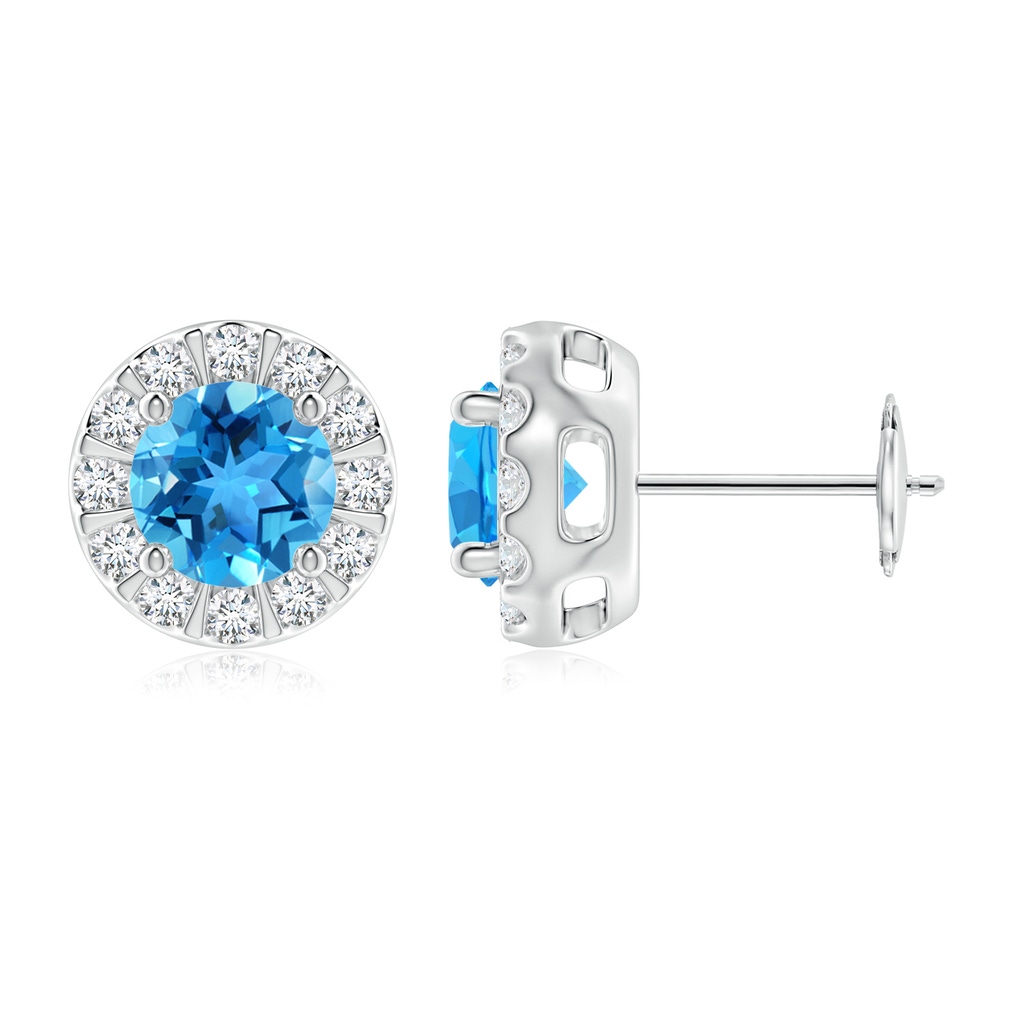 6mm AAA Swiss Blue Topaz Stud Earrings with Bar-Set Diamond Halo in White Gold