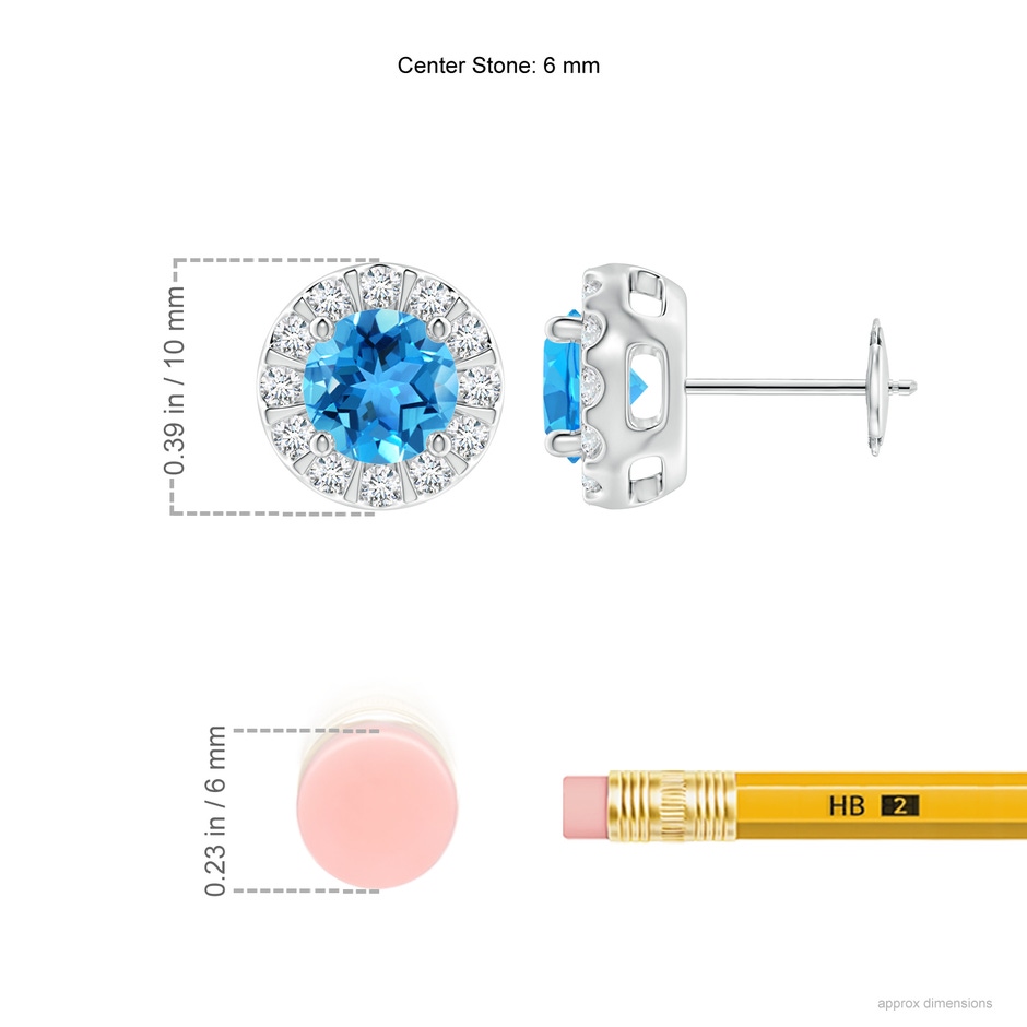 6mm AAA Swiss Blue Topaz Stud Earrings with Bar-Set Diamond Halo in White Gold ruler